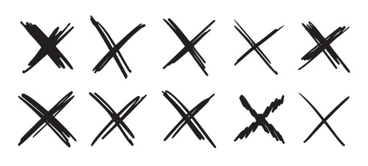 Doodle scribble crosses to cross out or mark text set. X sign sketch style. denial signs isolated on white background.