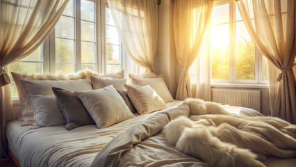 Cozy bedroom with a plush bed, decorative pillows, and warm sunlight streaming through windows