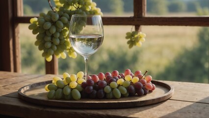 Fresh colorful grapes with white wine by rustic window with vineyard view