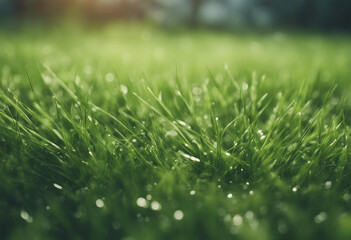 Obraz premium Close up of green grass with blurred garden background