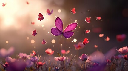   A purple butterfly flies over a field of pink flowers, illuminated by a soft boke of light in the background