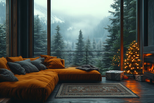 Przytulny salon z oknami od podłogi do sufitu, z widokiem na ośnieżony las. Wnętrze zdobi pomarańczowa sofa, choinka ze światełkami i kominek z ogniem.
