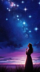 Fototapeta premium Young woman praying in the night sky with stars and milky way