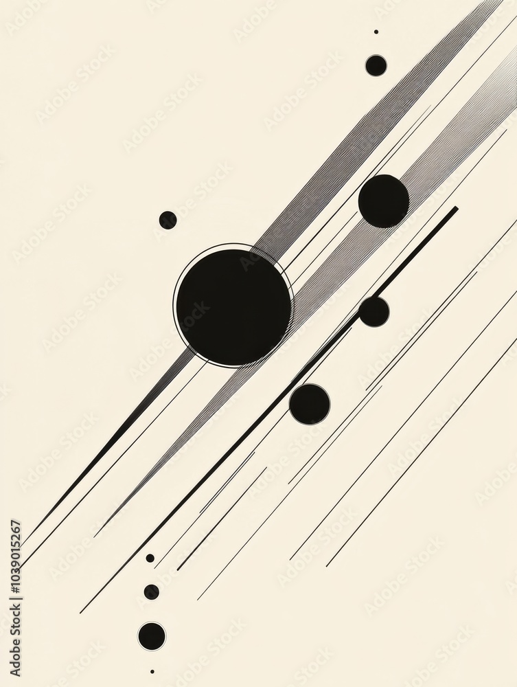 Poster a minimalistic composition featuring diagonal black lines crossing a light backdrop, adorned with ci
