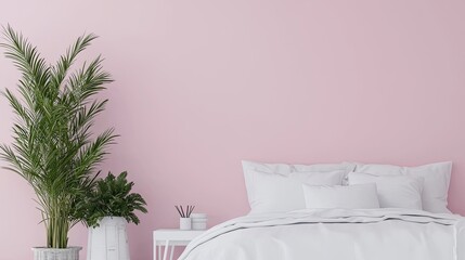 A serene bedroom featuring a pink wall, a white bed adorned with pillows, and decorative plants for a calm atmosphere.