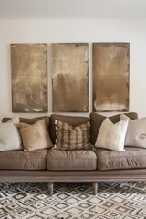 Elegant Living Room Interior with Brown Sofa and Abstract Artwork