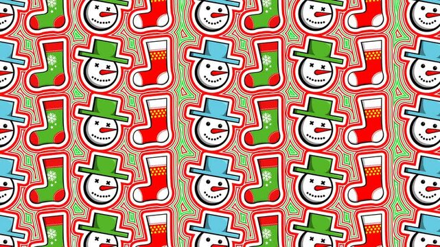 Seamless animation of illustration of icemen and socks with lines wave effect. Hypnotic Christmas background.