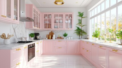 Fototapeta premium A bright, modern kitchen featuring pastel pink cabinetry, white countertops, and abundant natural light complemented by indoor plants.
