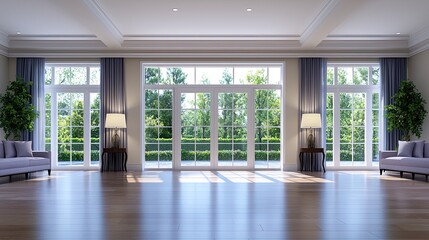 Fototapeta premium A spacious, modern living room featuring large windows, light wooden flooring, elegant furniture, and indoor plants for a fresh, inviting atmosphere.