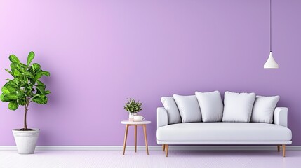 A stylish interior featuring a light gray sofa, two side tables, a potted plant, and a purple wall, creating a modern and fresh ambiance.