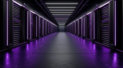 Fototapeta premium A futuristic hallway lined with glowing violet lights and dark server racks, creating an atmosphere of advanced technology and data storage.