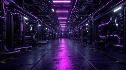Fototapeta premium A dark corridor lined with illuminated pipes, featuring a striking purple glow and a futuristic design, conveying a sci-fi atmosphere.