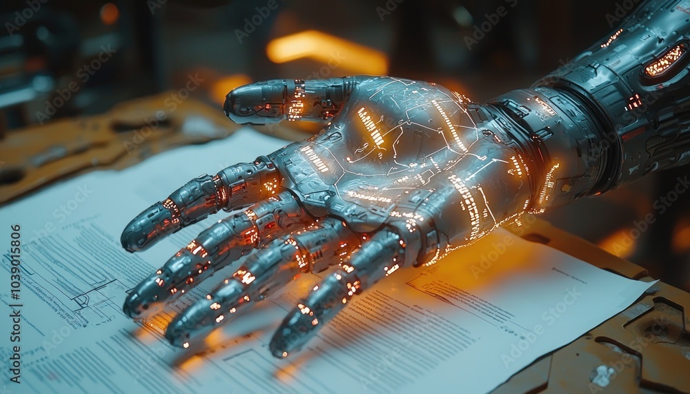 Poster a robotic hand interacting with a document