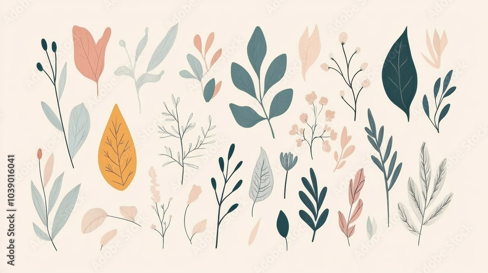 Aufkleber a collection of minimalist doodles showcases a variety of leaves and flowers, creating a calming and