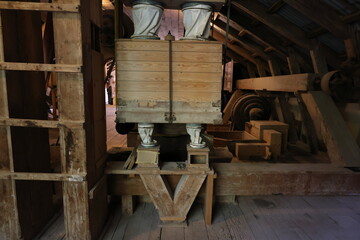 Old Swedish mill. Still functional and producing flour. Inside photo. Kvarnvikens kvarn, Stockholm, Sweden.