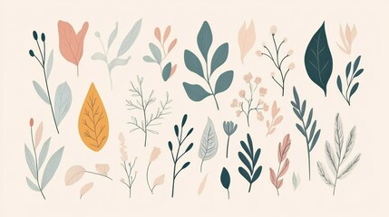 Fototapeta premium A collection of minimalist doodles showcases a variety of leaves and flowers, creating a calming and nature-inspired aesthetic perfect for decor. Generative AI