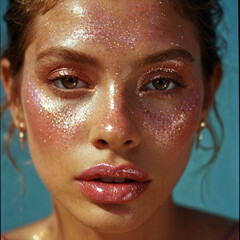 A close-up portrait of a woman with curly hair, wearing shimmering pink and white glitter makeup, illuminated by warm golden light.