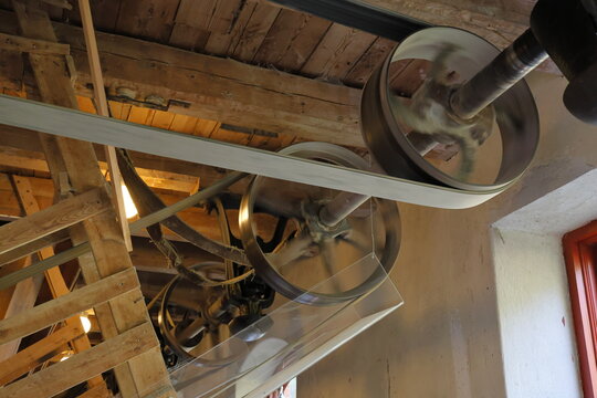 Old Swedish mill. Still functional and producing flour. Inside photo. Kvarnvikens kvarn, Stockholm, Sweden.