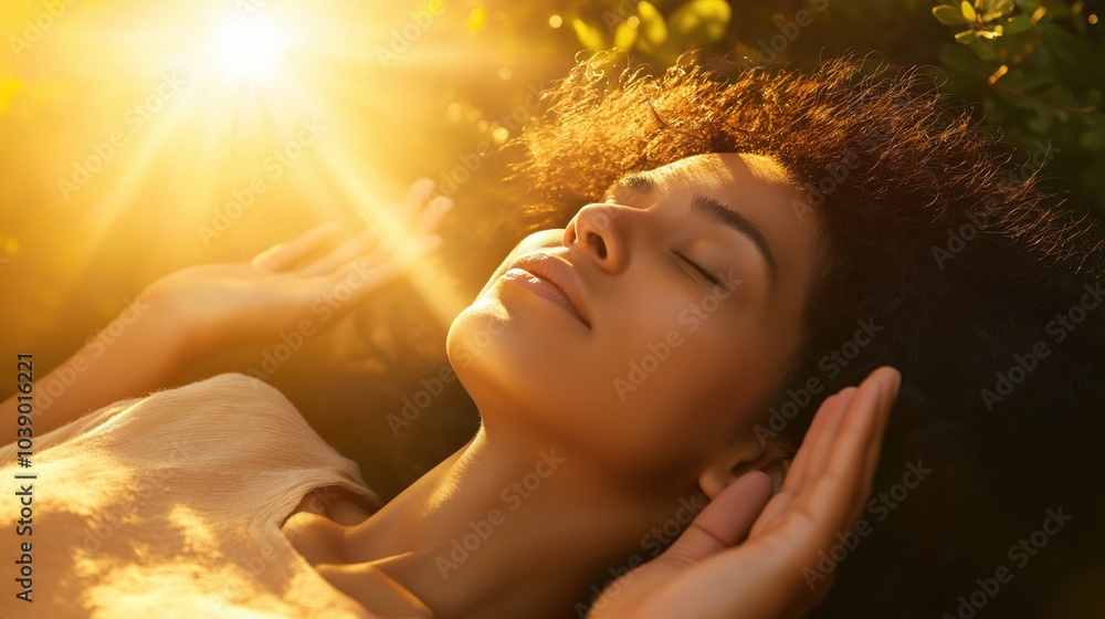 Poster a woman in the sun, the sun is shining on her face