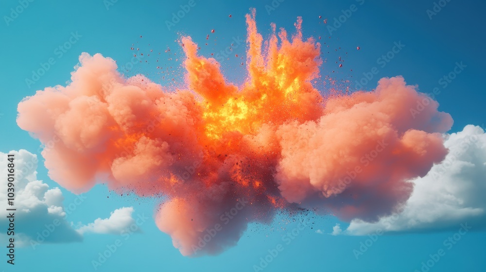 Poster an explosion resembling a video game explosion, complete with colored clouds and isolated smoke cumu