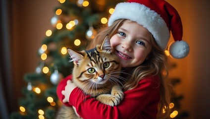 Close-up portrait of a happy girl wearing a Santa hat holding a cat near a Christmas tree.