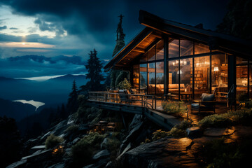 Obraz premium Rustic wooden house in the middle of the mountain a starry night