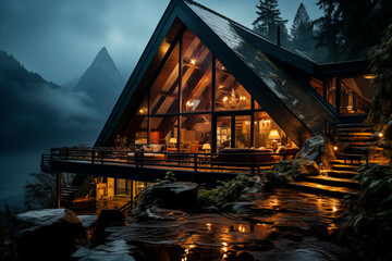 Fototapeta premium Rustic wooden house in the middle of the mountain a starry night