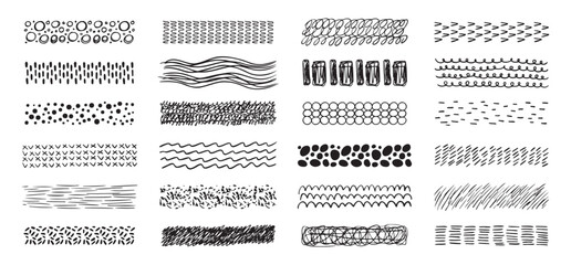 Obraz premium Hand drawn textures collection. abstract brushes, drawing textures from thin lines of different shapes. Set of doodle swirling and straight shapes