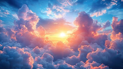 Fototapeta premium Golden Sunset Behind Fluffy Clouds in a Sky Full of Colors