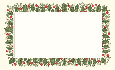 Nostalgic rectangular holly garland illustration in traditional Christmas colors. Festive evergreen border with vintage holiday foliage and berries, ideal for seasonal winter imagery.