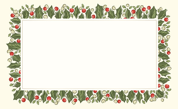 Nostalgic rectangular holly garland illustration in traditional Christmas colors. Festive evergreen border with vintage holiday foliage and berries, ideal for seasonal winter imagery.