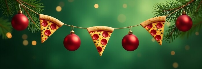 Garland of slices of pizza, New Year's garland, pizzeria banner. 