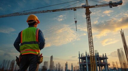 A construction worker in a neon safety vest and hard hat, using a power drill on metal brackets with visible metal shavings and construction tools in the background, Construction site scene