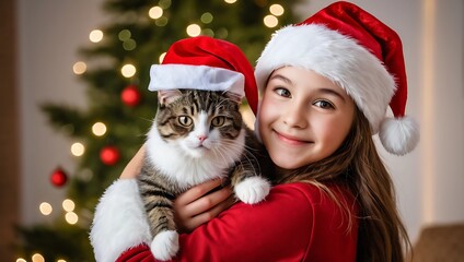 Close-up portrait of a happy girl wearing a Santa hat holding a cat near a Christmas tree.