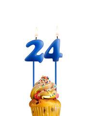 Blue number 24 candle - Birthday card on a white background.