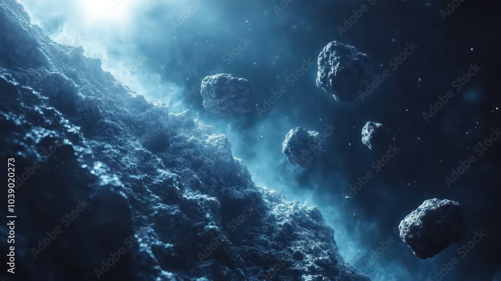 Poster asteroids in outer space, falling asteroids on the planet's surface. cosmic background.
