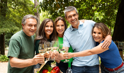 A group of five friends joyfully raises their glasses of sparkling wine in a beautiful park. They smile warmly, enjoying each other's company on a sunny, summer day surrounded by nature.