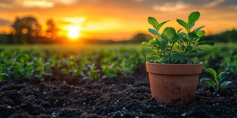 A Potted Plant in a Field of Young Plants at Sunset