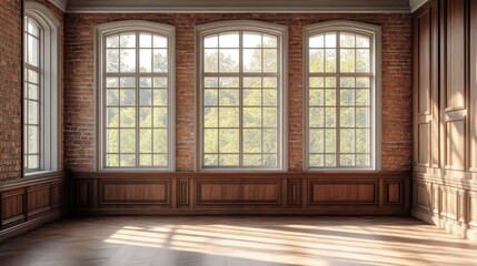3D illustration mockup of traditional loft room interior with brick wall, classic wall paneling, and windows.