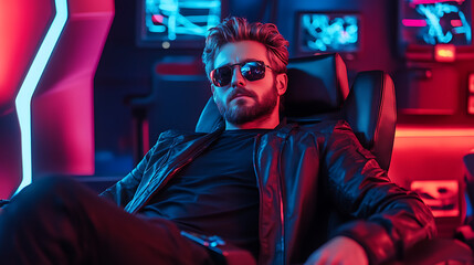 Obraz premium Cool Gamer in a Leather Jacket with Sunglasses Sitting in a Chair Under Red and Blue Lights