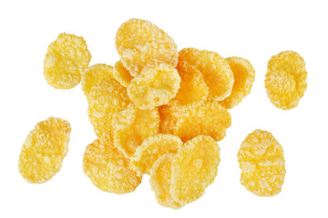 Cornflakes isolated on white background. Top view. Flat lay.