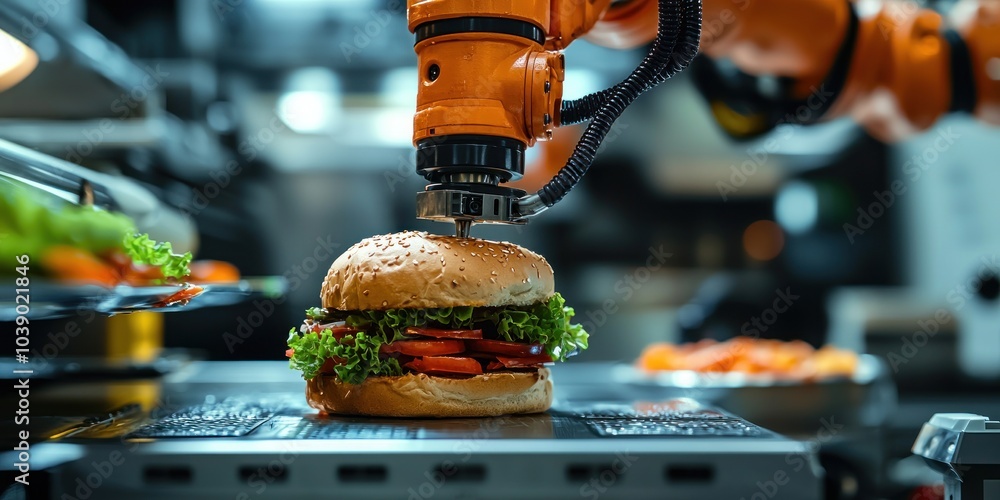 Poster Robotic Arm Assembling a Burger in a Factory Setting