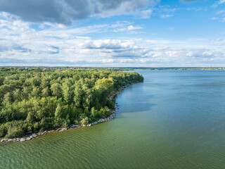 Fototapeta premium Aerial view of lake or river green shore with forest. Summer season.