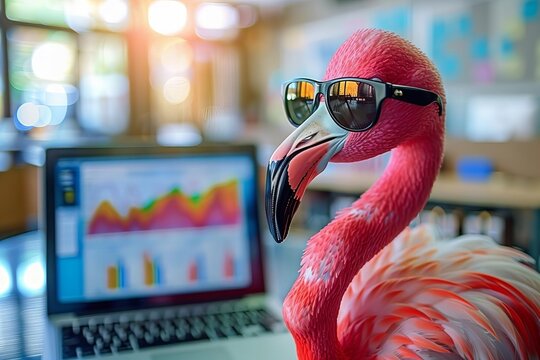 Modern Office Setting with Portable Computer Displaying Statistical Infographics of Financial Data and Sales Charts