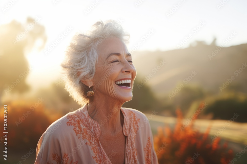 Wall mural portrait of a happy senior woman laughing in the park on a sunny day