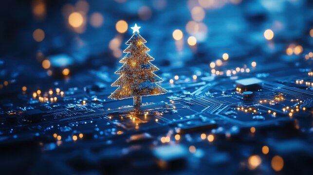 Beautiful Merry Christmas greeting card computer technology style. Christmas tree digital technology. Christmas poster template, Christmas cards digital technology style with details in blue color.