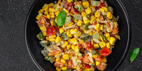 salad corn tasty food snack dishf resh gourmet food background on the table rustic food top view copy space top view Vegetarian and vegan food