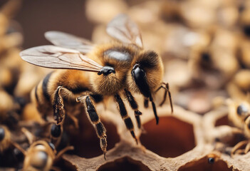 The queen (apis mellifera) marked with dot and bee workers around her life of bee colony