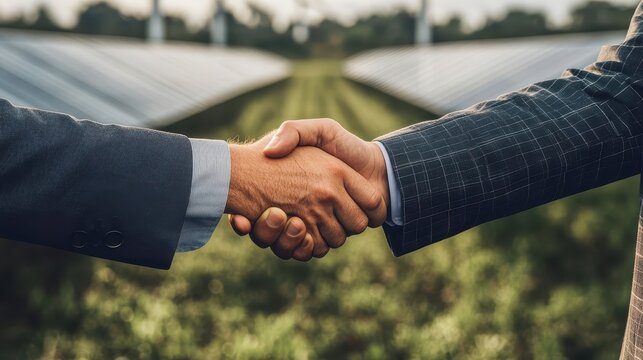 a firm handshake between business leaders with a superimposed background of solar panels and wind turbines, symbolizing a strong agreement on renewable energy initiatives