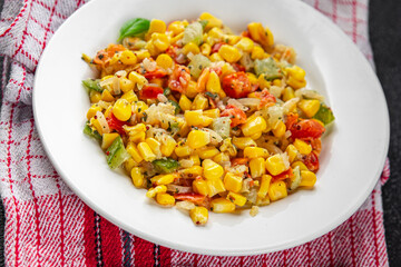 salad corn tasty food snack dishf resh gourmet food background on the table rustic food top view copy space top view Vegetarian and vegan food